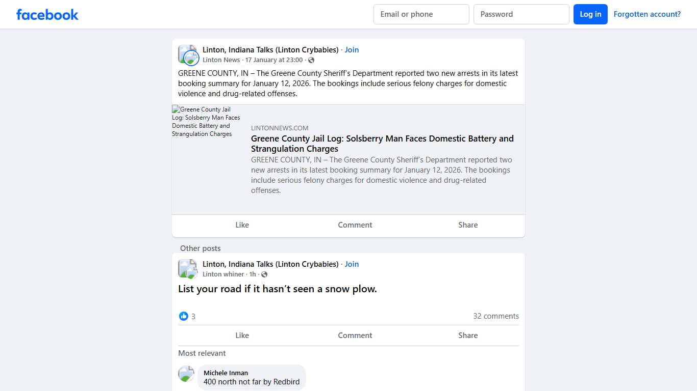 Linton, Indiana Talks (Linton Crybabies) GREENE COUNTY, IN – The Greene County Sheriff’s Department reported two new arrests in its latest booking summary for January 12, 2026 Facebook